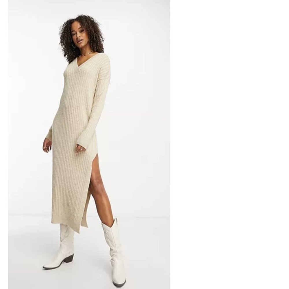ASOS DESIGN Women’s Tall Oatmeal Knitted VNeck Sweater Dress Size 12 Tall (US 8)